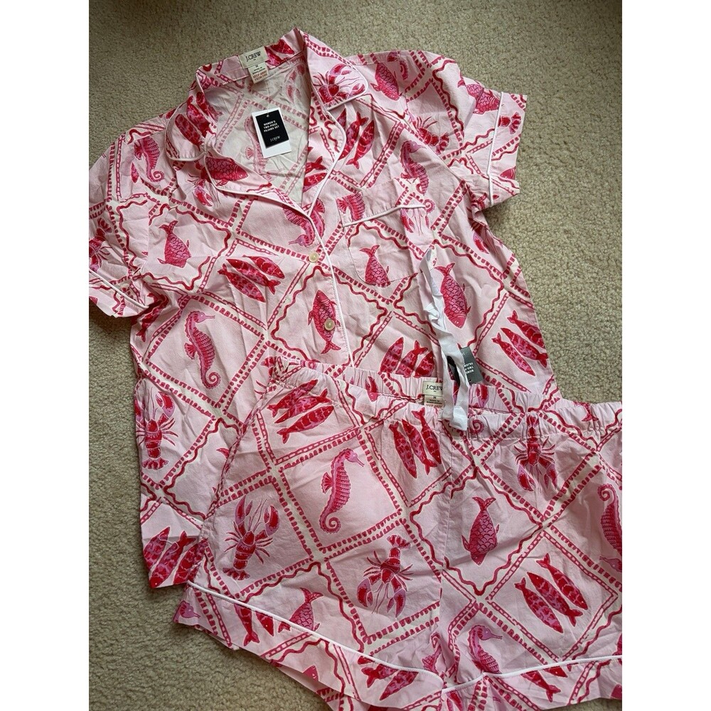 J Crew Pajama Set Medium Pink Cotton Top Shorts Lobster Fish Nautical Print NWT